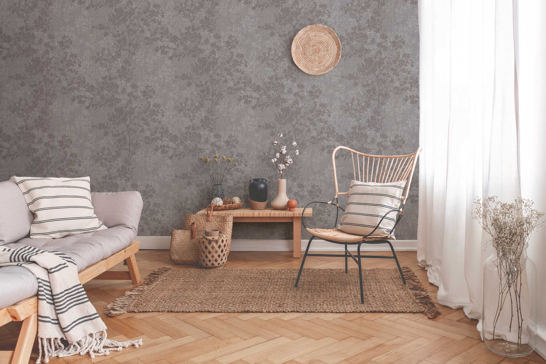             wallpaper leaves pattern in linen look - grey, brown
        