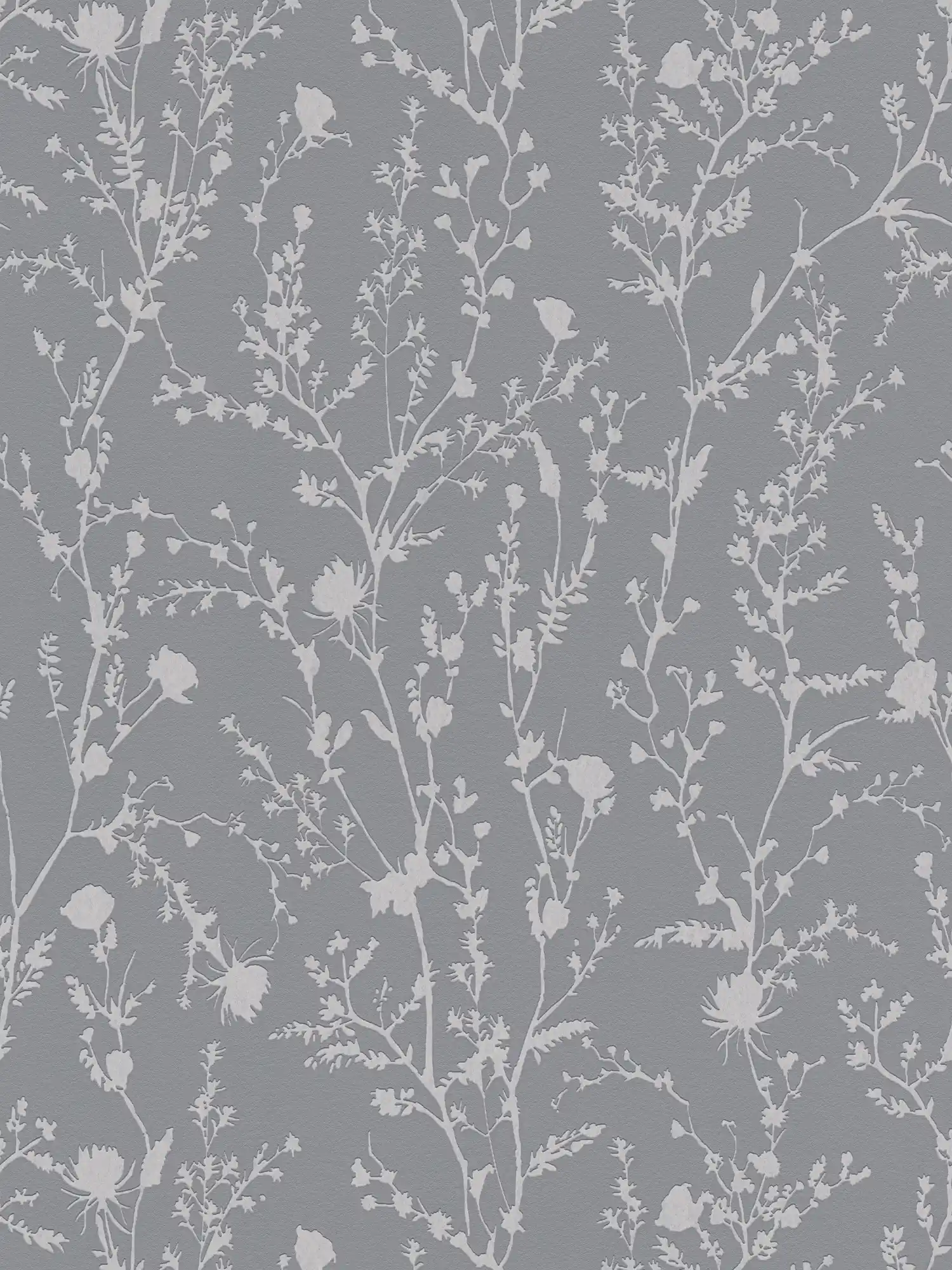 Floral wallpaper with soft grasses and blossoms pattern - grey, silver
