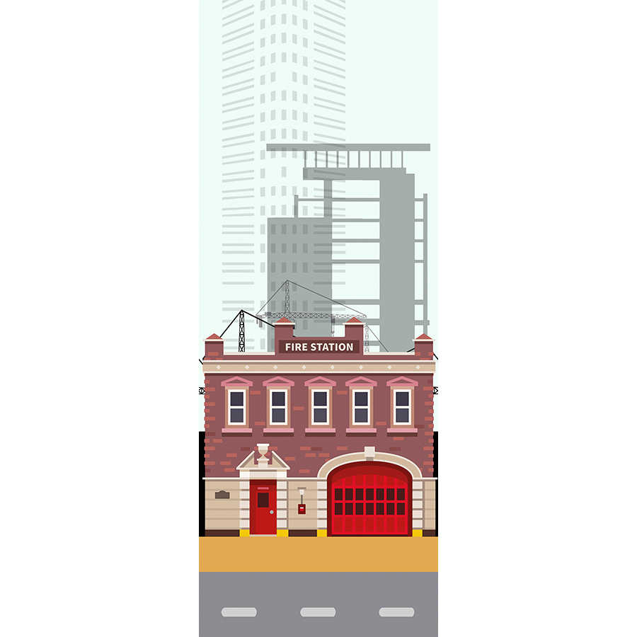 Carta da parati della città, stazione dei pompieri e grattacieli su vello liscio madreperlato
