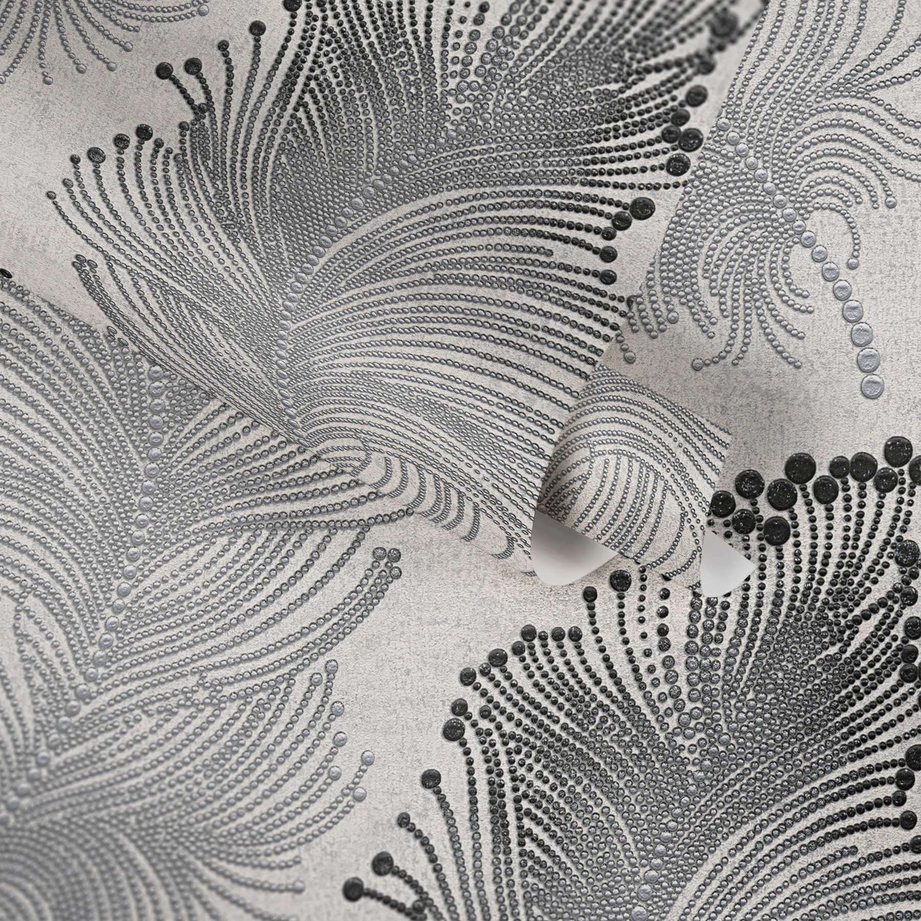             Papier peint métallique avec motif plumes style boho - métallique, blanc
        