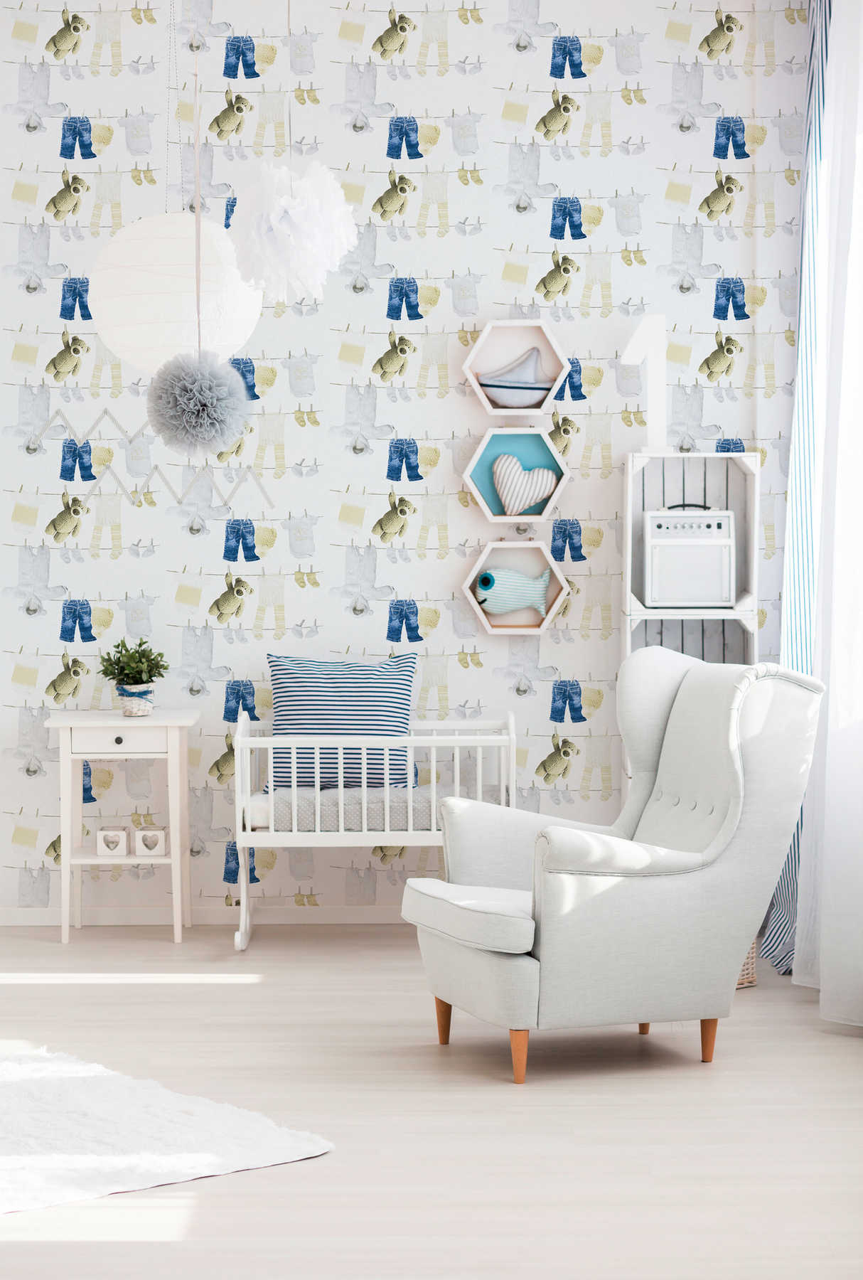             Papier peint chambre de bébé avec motif enfants Corde à linge - blanc
        