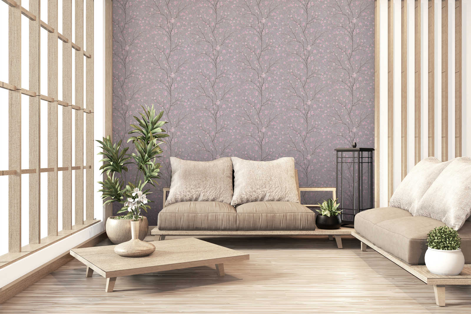             Asian style wallpaper with cherry blossom pattern - grey, pink
        
