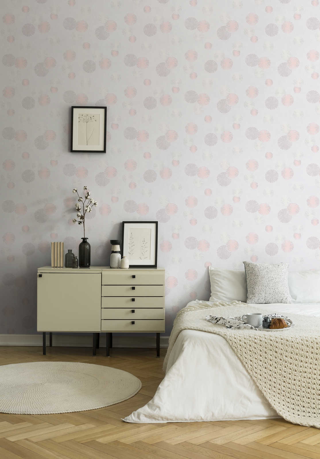            Textured wallpaper with graphic pattern - cream, metallic, pink
        