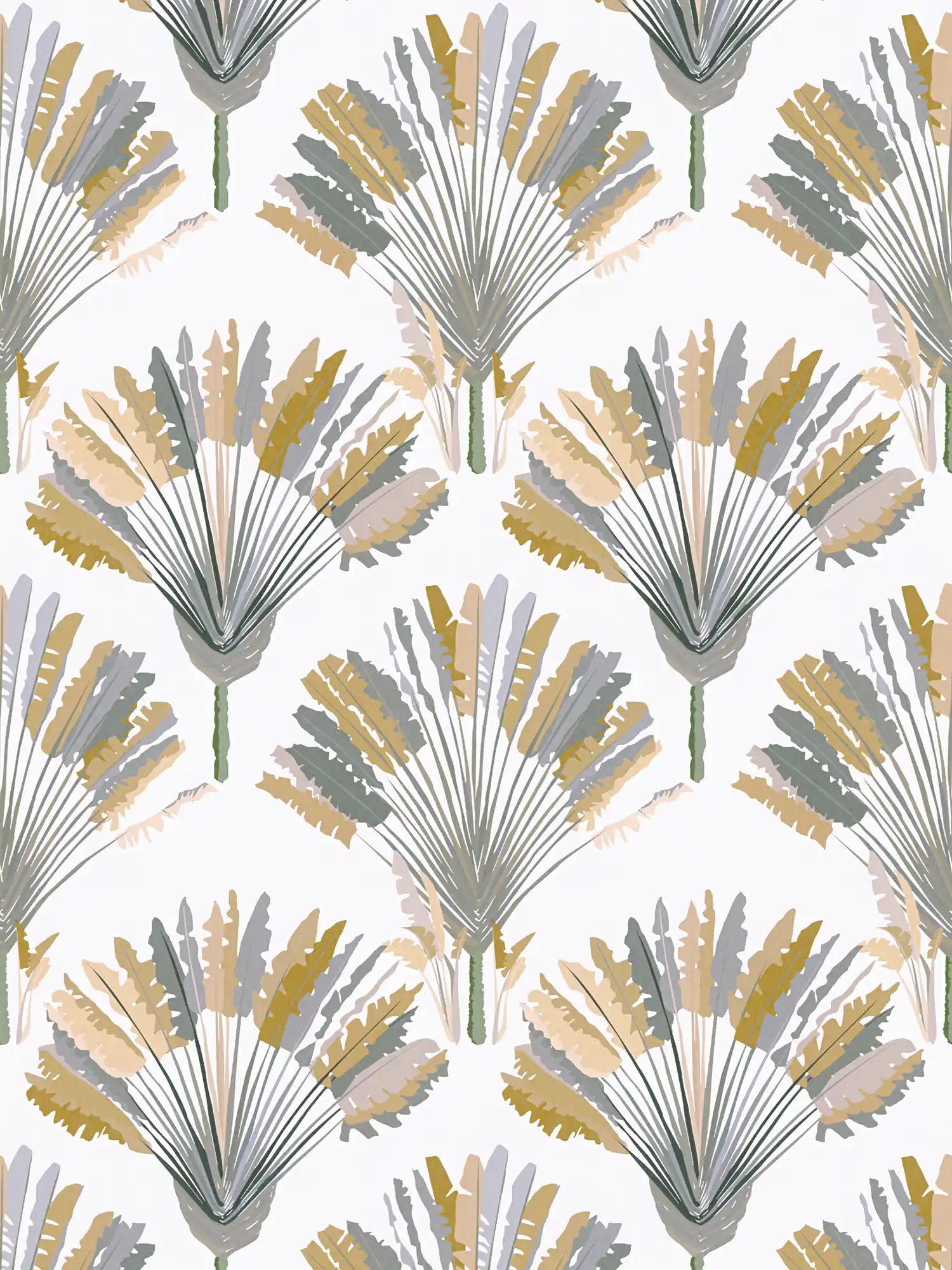 Palm trees wallpaper with pattern print in modern style - yellow, grey, white
