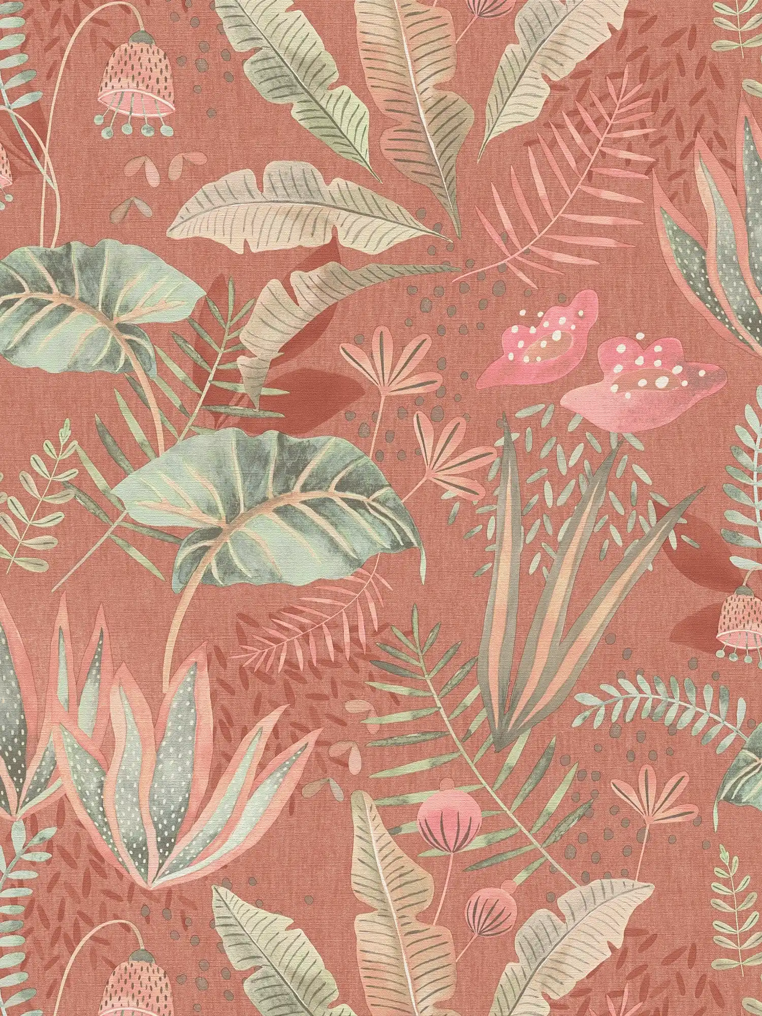 Floral wallpaper with mixed leaves slightly textured, matt - red, orange, green
