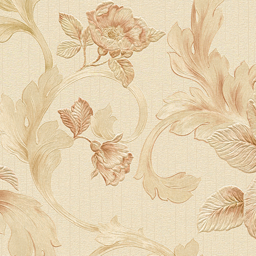             Roses wallpaper gold design with tendrils & structure effect - metallic
        