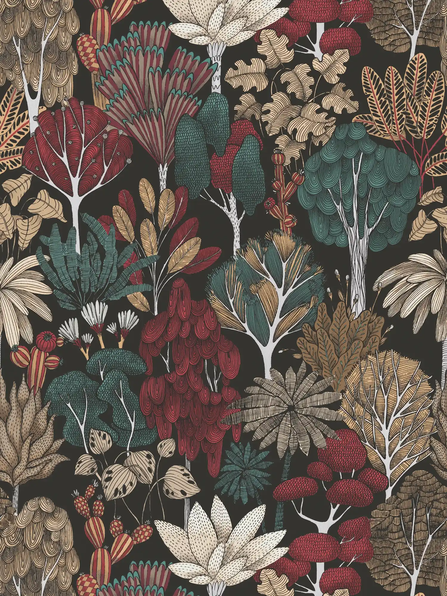 Carta da parati Alberi e foglie in stile disegno - Nero, verde, rosso
