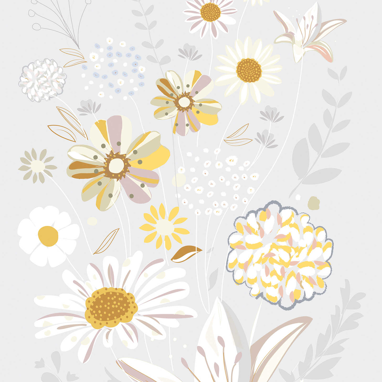 Bloemrijkpatroon behang met grassen in lichte kleuren - grijs, geel, beige
