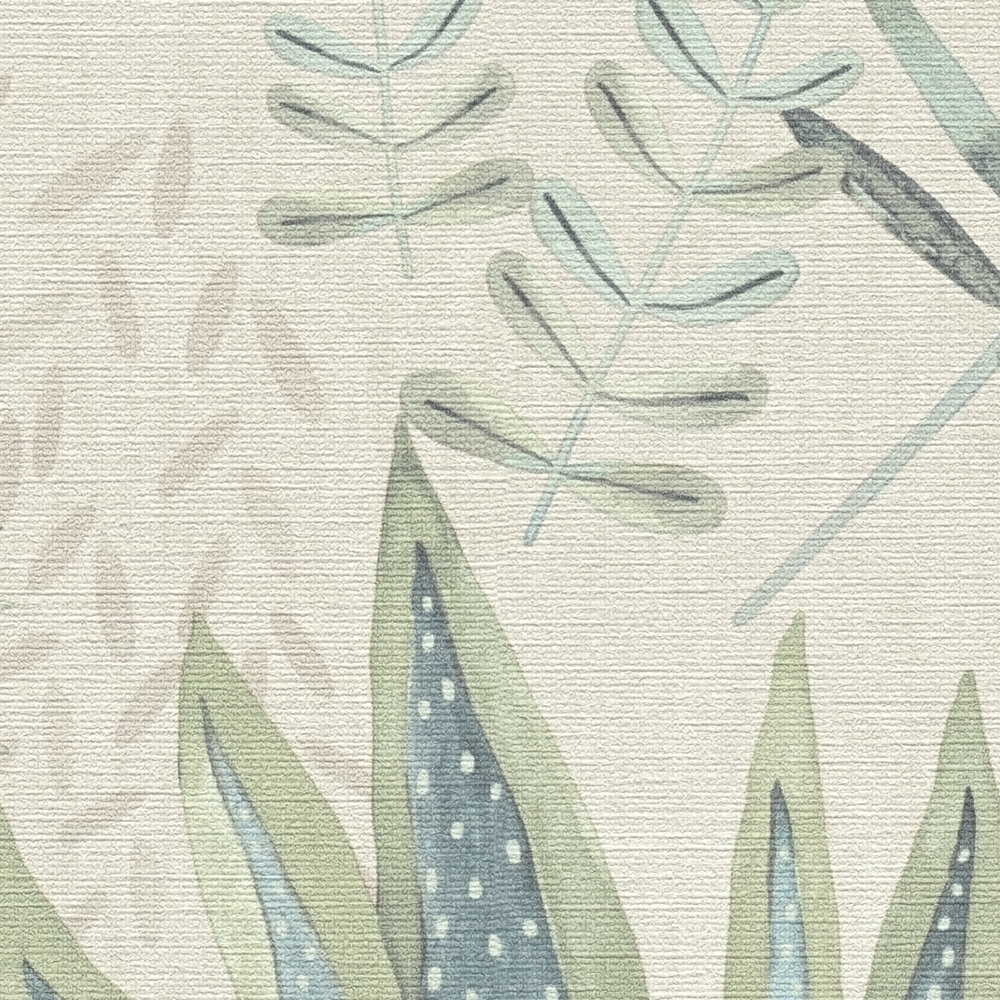             papel pintado floral con hojas mixtas textura ligera, mate - beige, verde, azul
        
