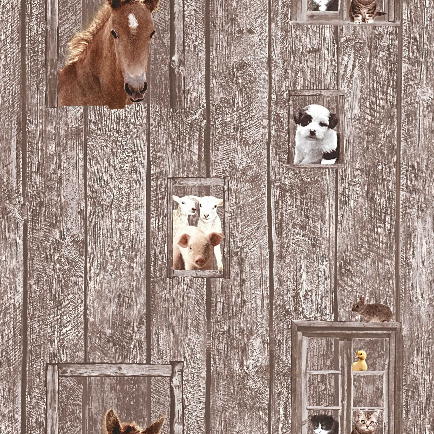 Paper wallpaper farm animals with wood look - multicoloured
