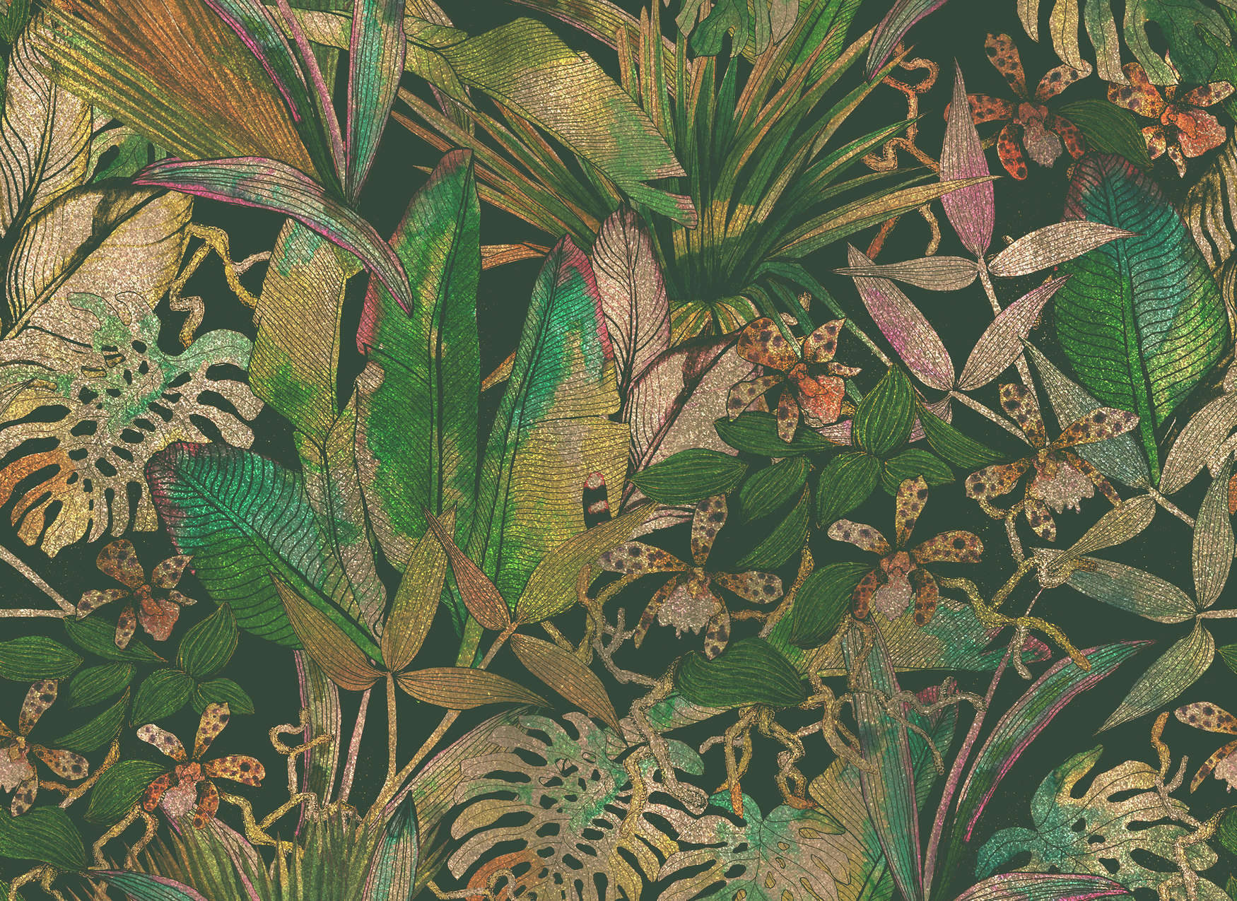             Digital behang jungle motief met bladeren & bloemen - groen, beige
        