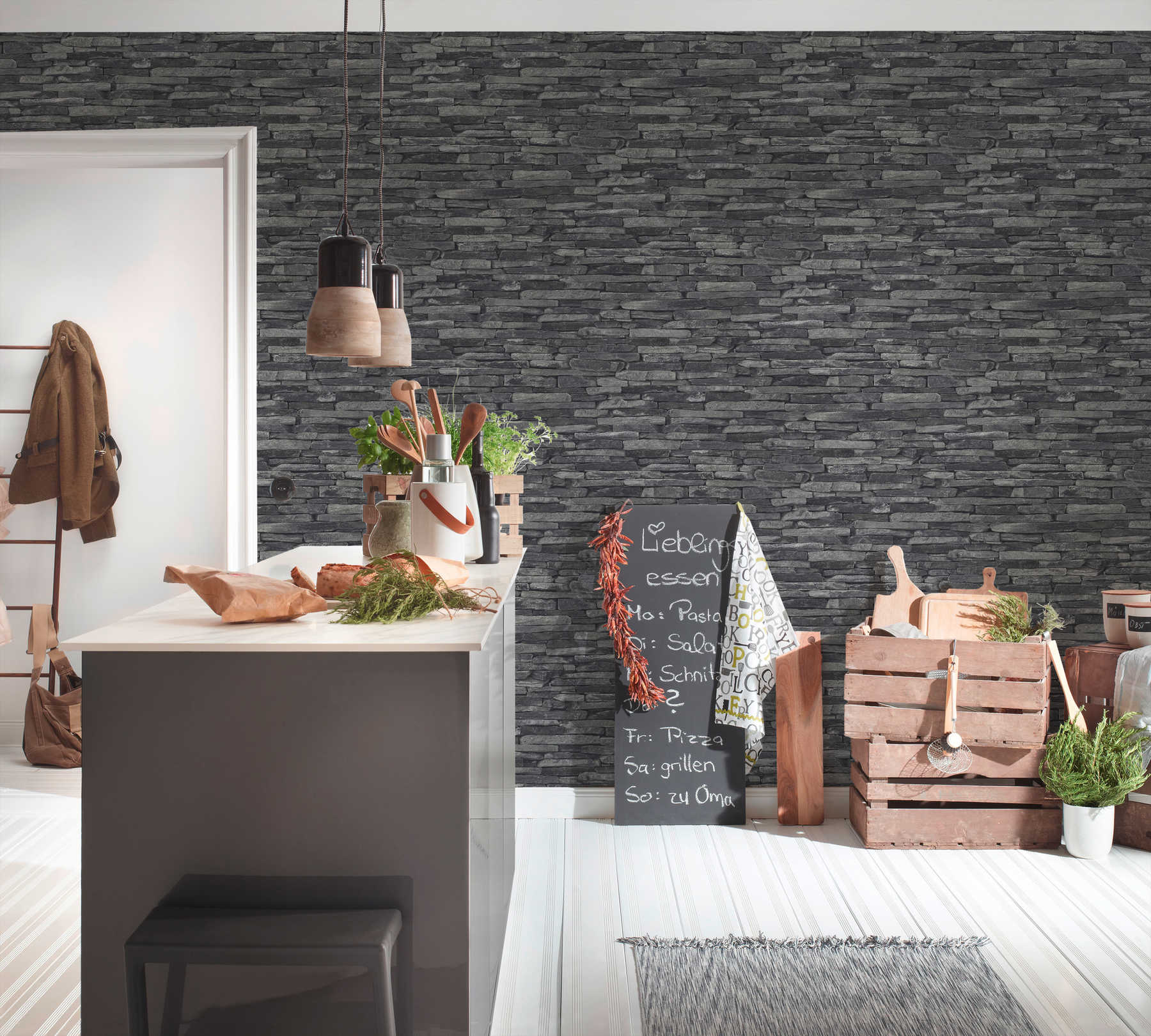             Wallpaper with stone look, dark natural stones & 3D effect - grey, black
        