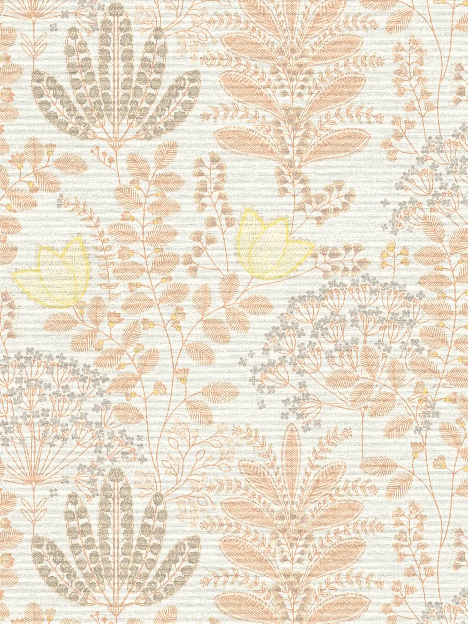 Floral wallpaper with leaves in retro style slightly textured, matt - white, orange, yellow
