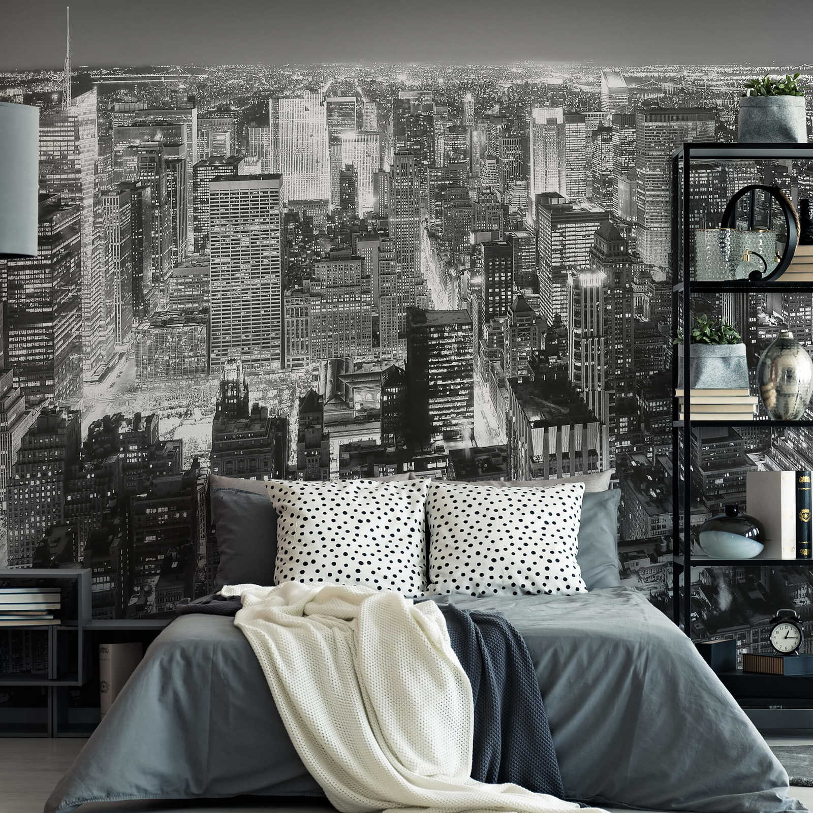            New York City black and white skyline mural
        