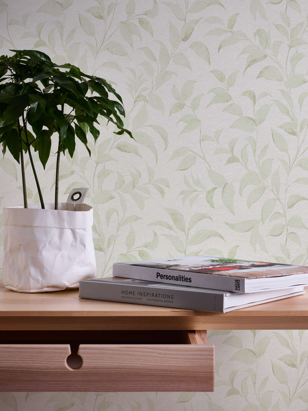             papier peint en papier feuilles floral chatoyant structuré - blanc, vert
        