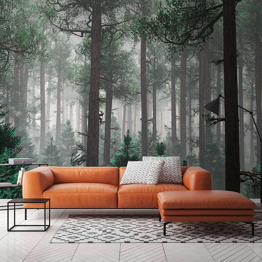Papier peint panoramique Forêt dans le brouillard avec de grands arbres - vert, marron, gris
