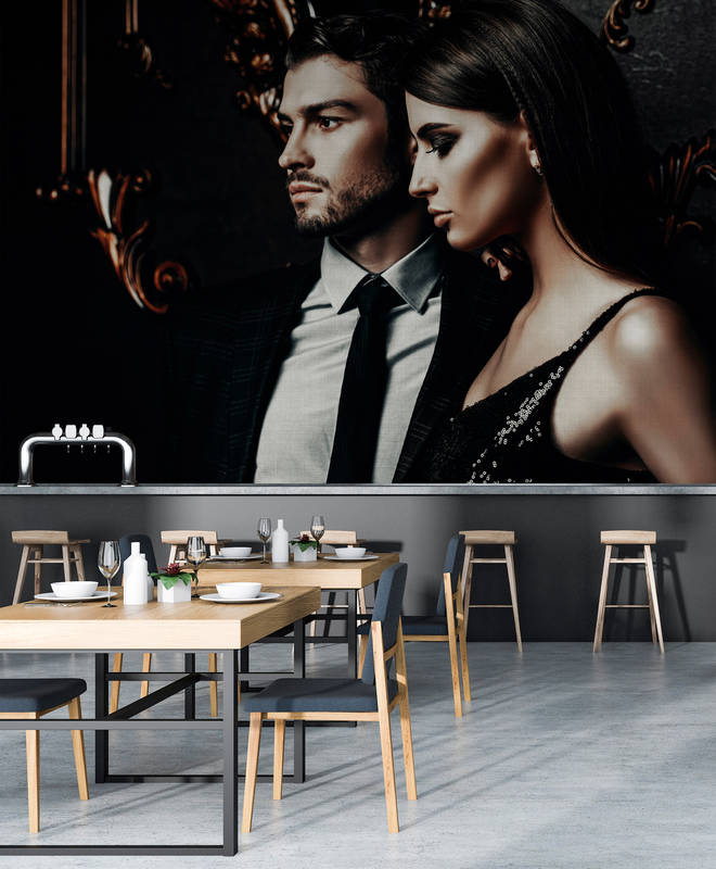             Black tie 1 - Papier peint panoramique couple romantique sur texture de lin naturel - cuivre, noir | Intissé lisse mat
        
