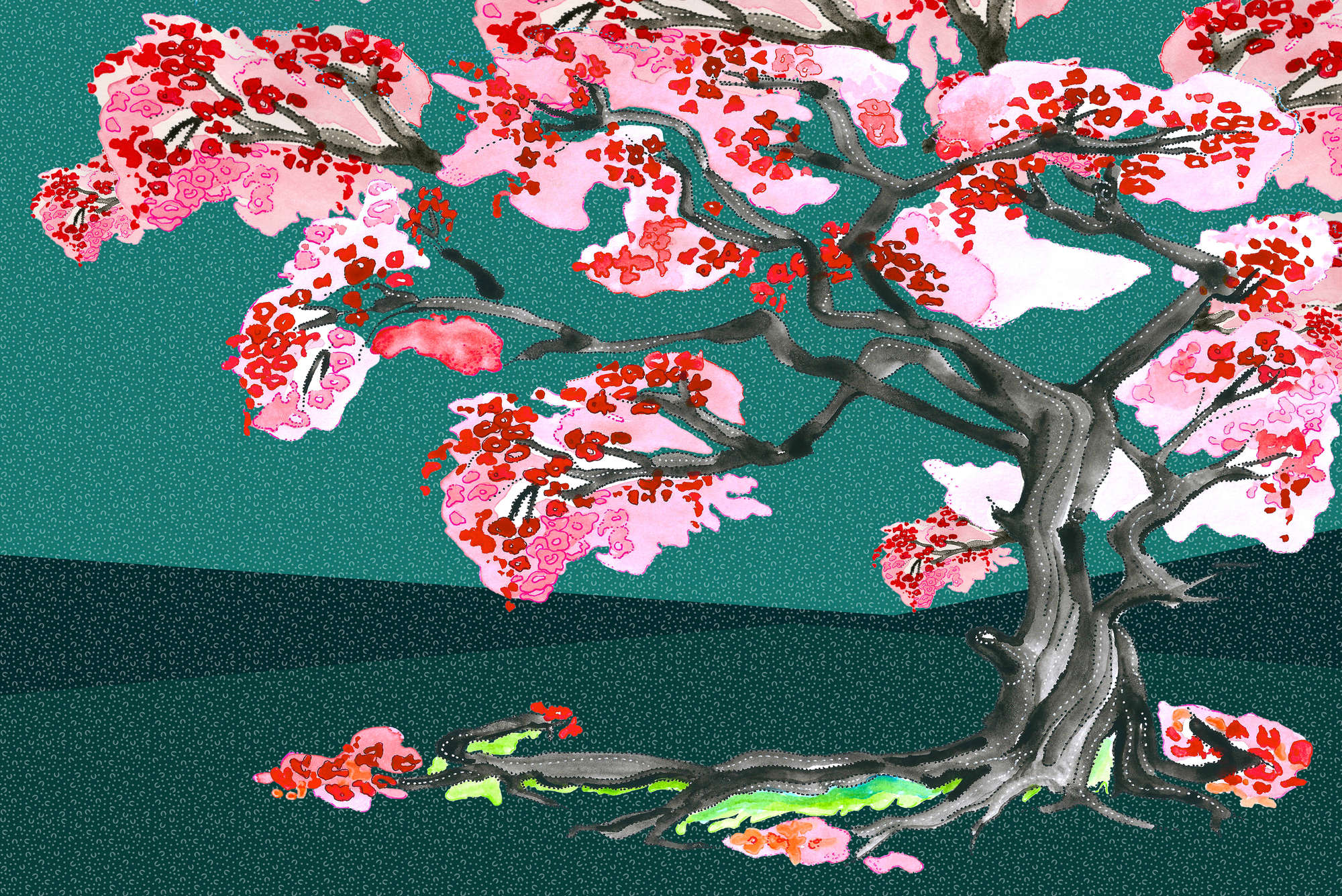             Papier peint fleurs de cerisiers style BD asiatique sur intissé lisse nacré
        