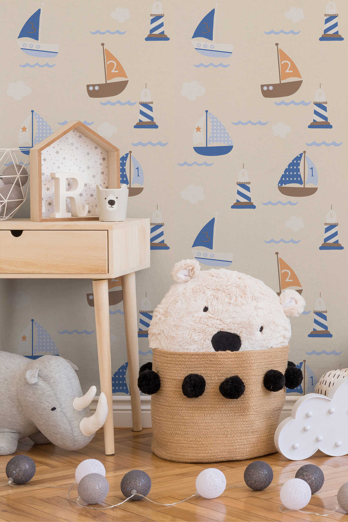             Kinderkamer behang met schip, boot & vuurtoren - blauw, beige
        