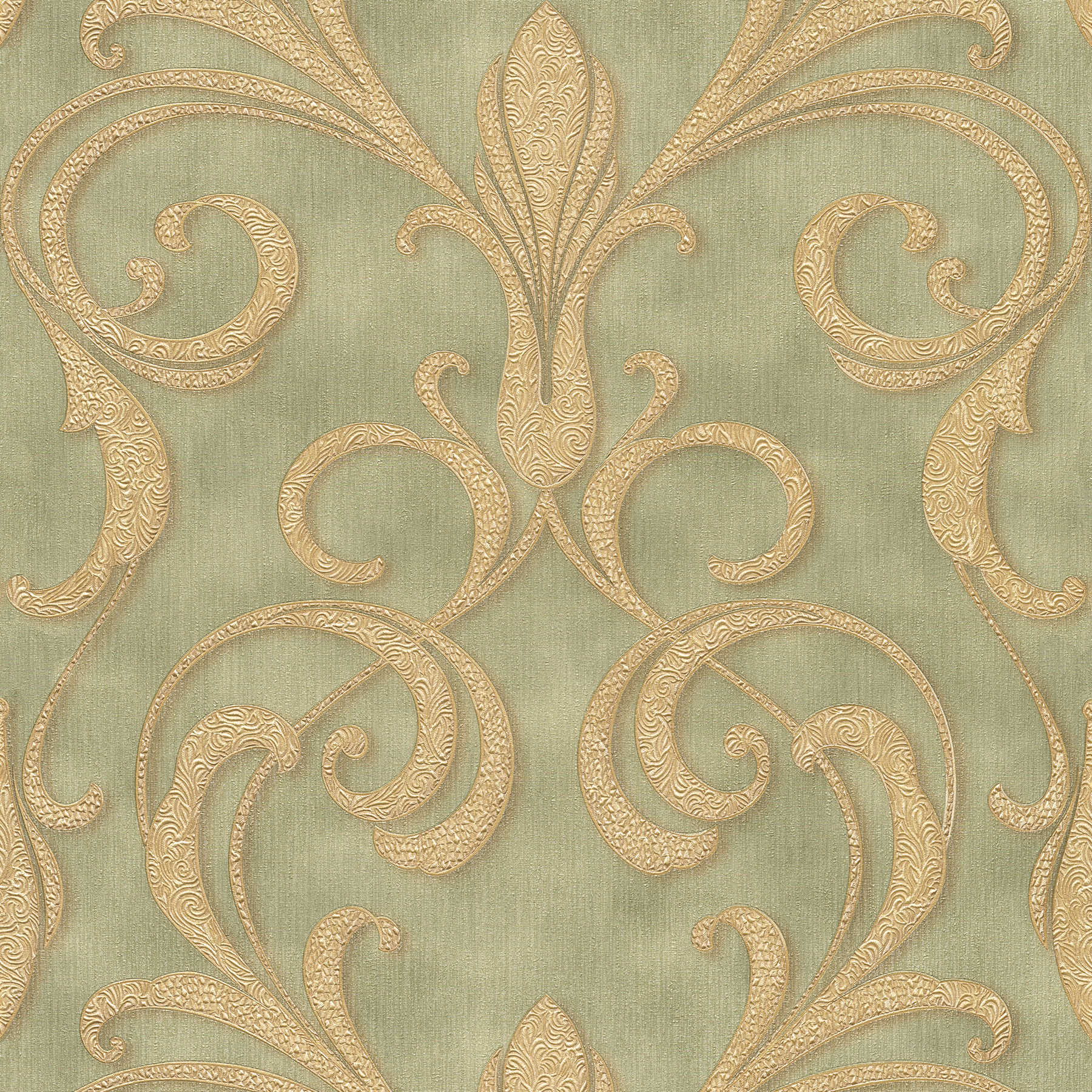 Ornament wallpaper filigree design - green, metallic

