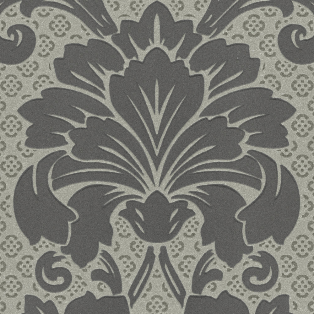             Patterned ornamental wallpaper with large floral motif - grey, bronze
        