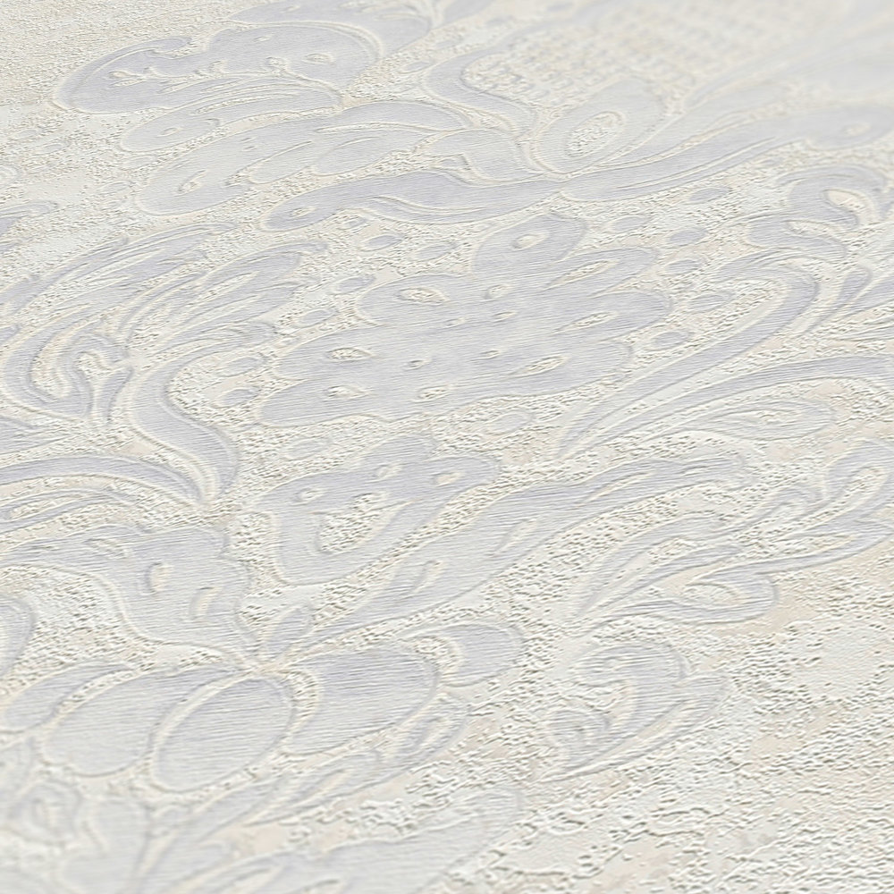             Non-woven wallpaper with floral ornaments & metallic luster - beige, grey, white
        