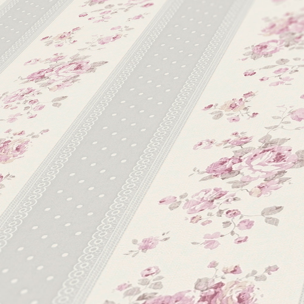             Gestreept behang met bloemen en stippenpatroon - grijs, wit, roze
        