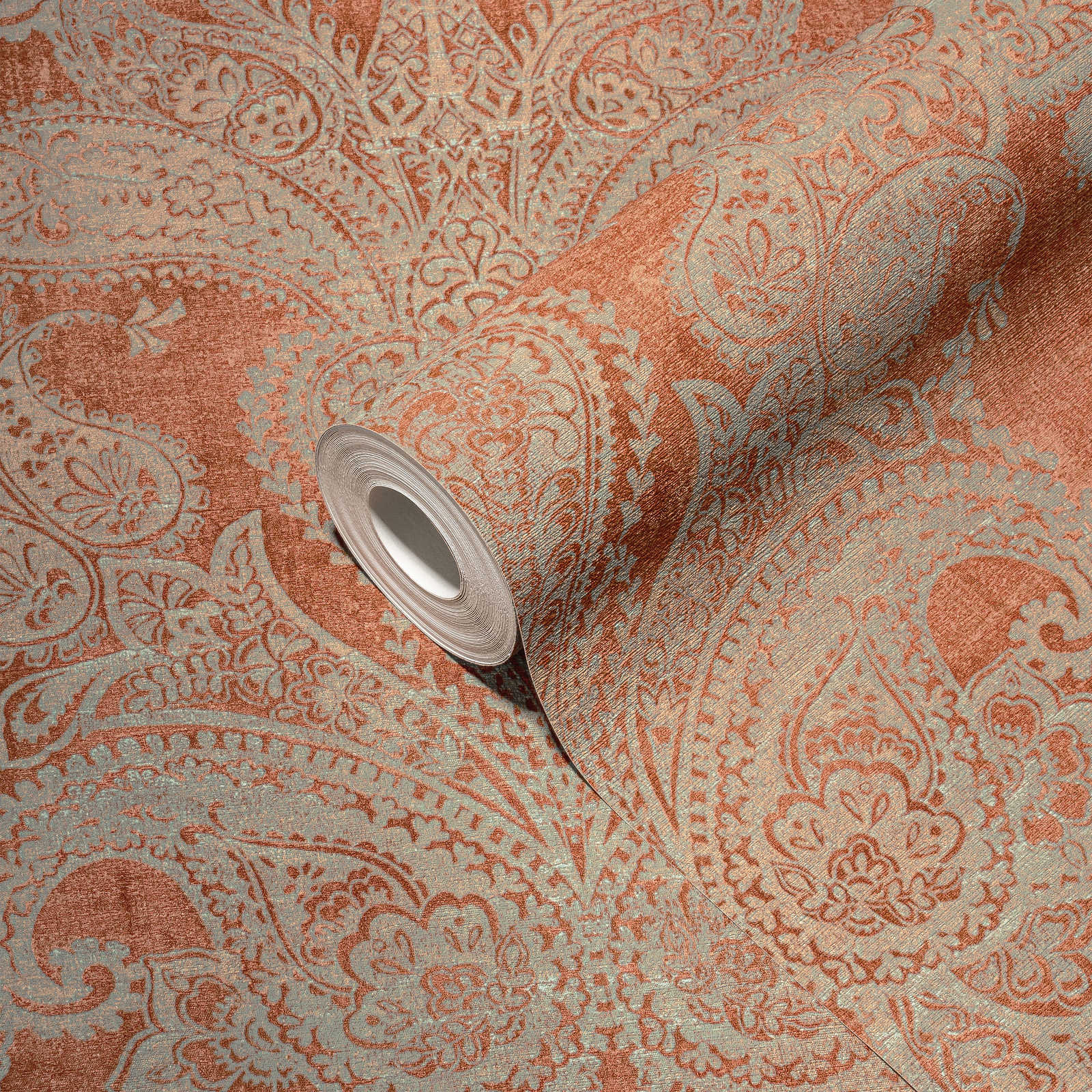             Non-woven wallpaper in baroque style with ornaments - orange, turquoise, grey
        