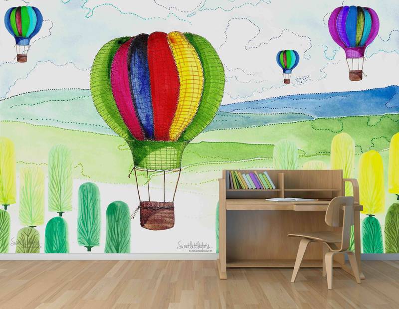             Children mural balloon and forest drawings on mother of pearl smooth nonwoven
        