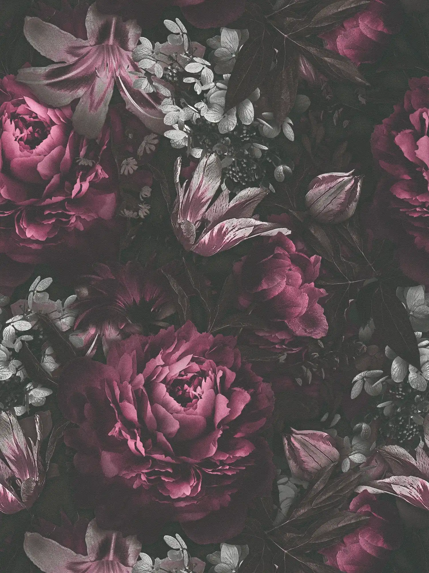 papel pintado rosas y tulipanes en estilo clásico - rosa, gris

