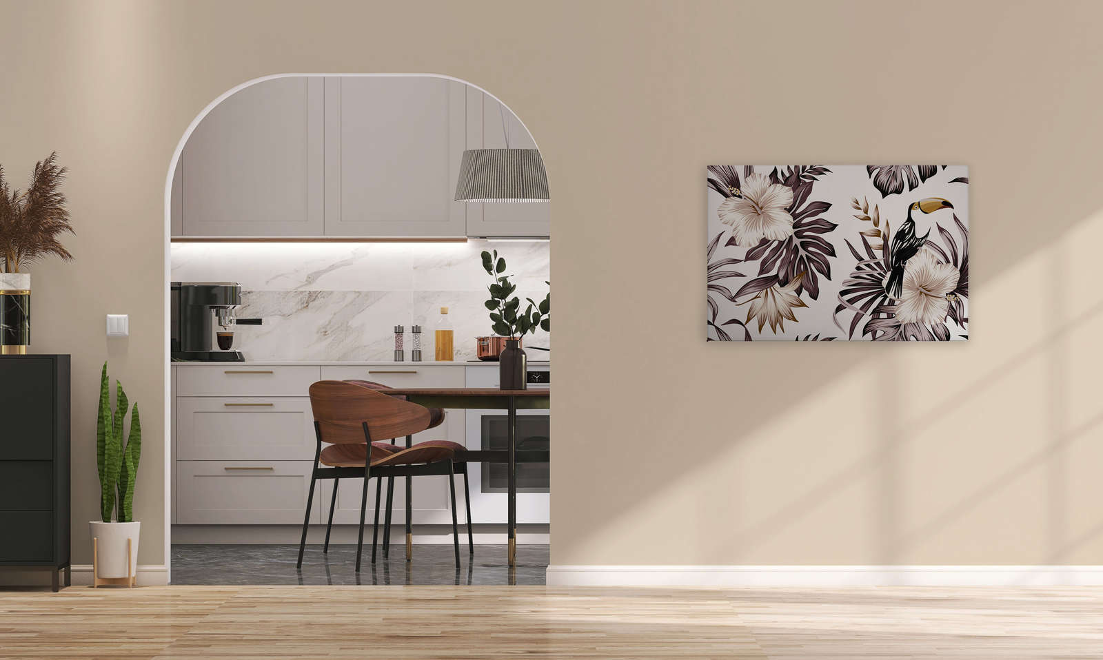             Canvas with jungle plants and pelican | Grey, White, Black - 0.90 m x 0.60 m
        