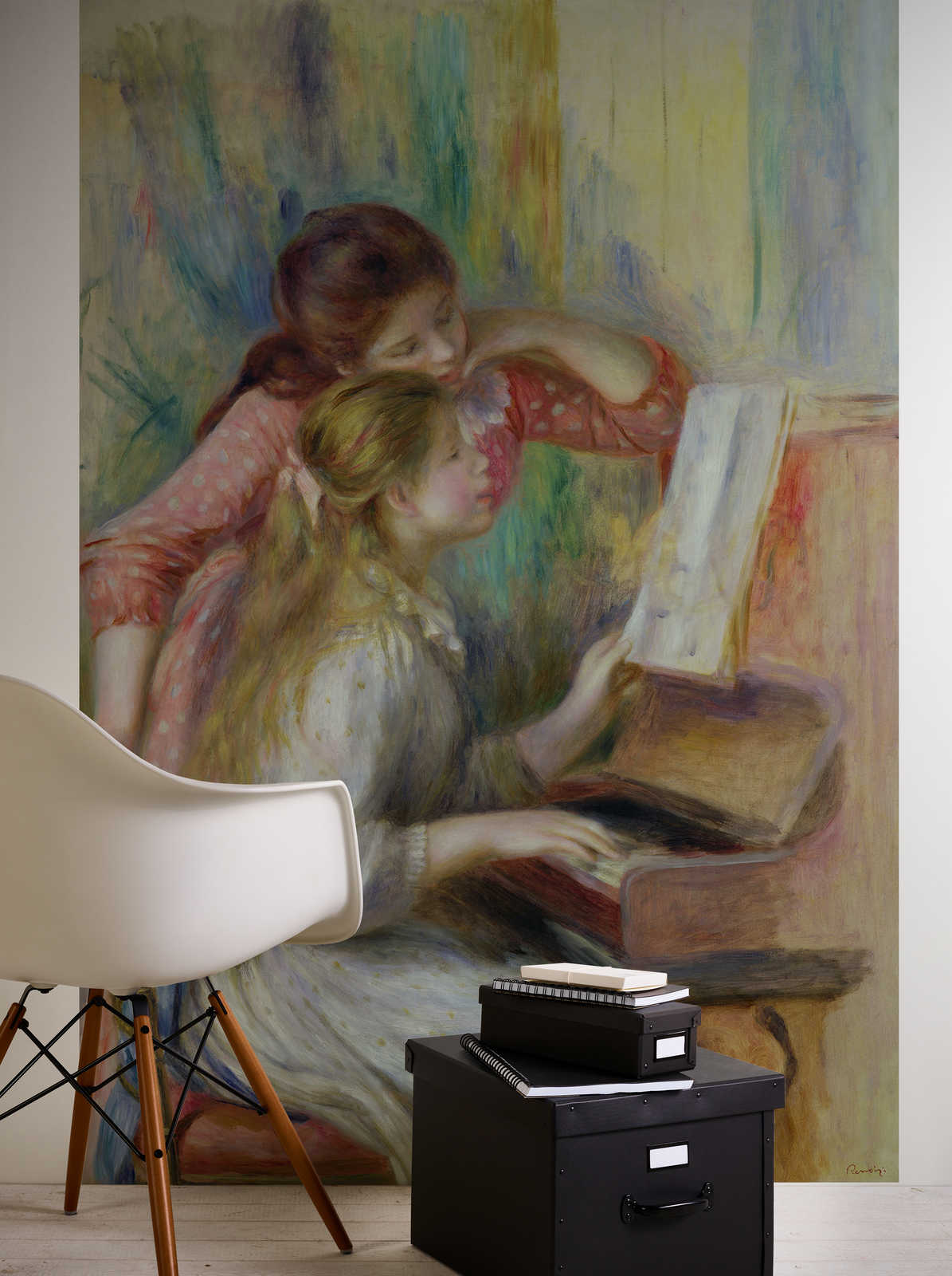             Jonge meisjes aan de piano" muurschildering van Pierre Auguste Renoir
        
