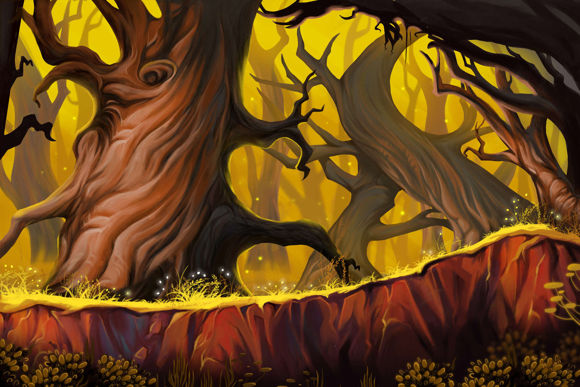             Papel pintado Fantsay motivo bosque místico sobre vellón liso nacarado
        