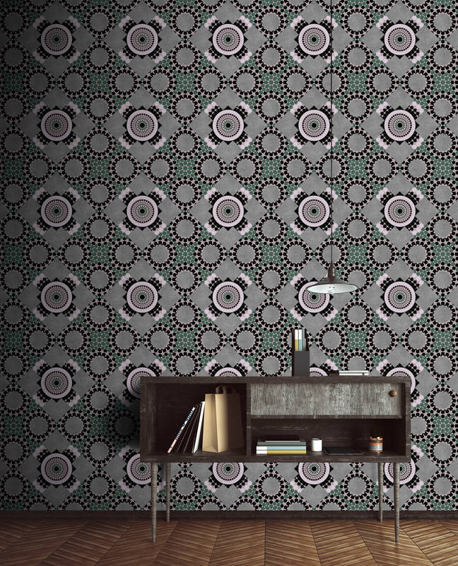             Grey photo wallpaper with mosaic pattern - green, black
        
