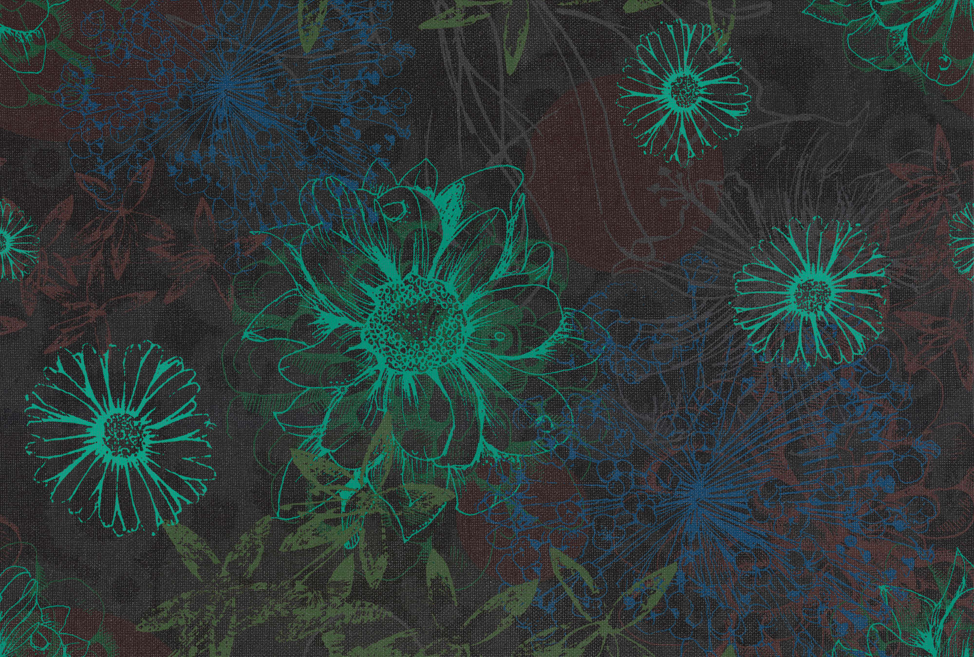             Bloemenbehang met helder bloempatroon - Groen, blauw, bruin
        