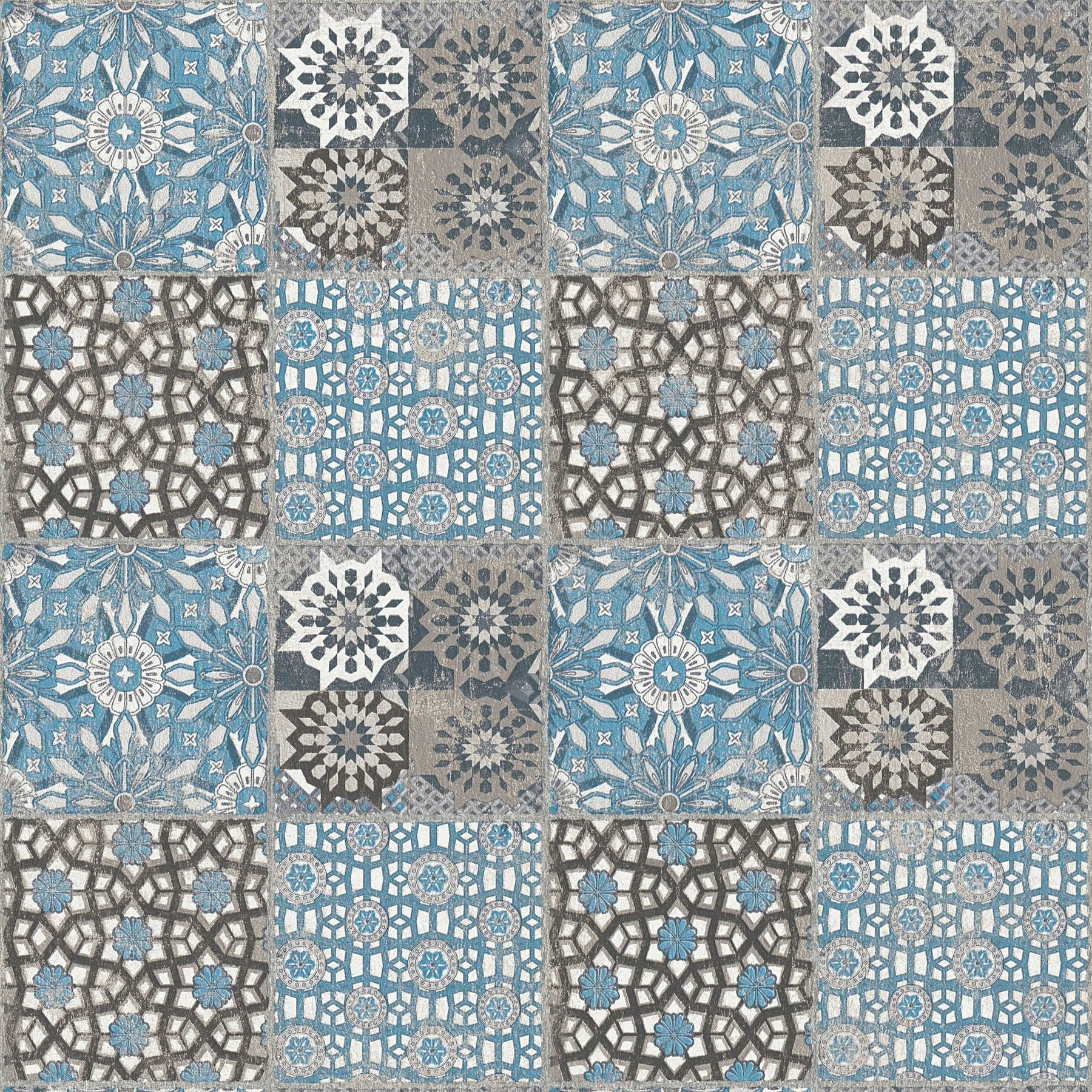         Papel pintado de azulejos con motivos retro y aspecto usado - azul, gris
    