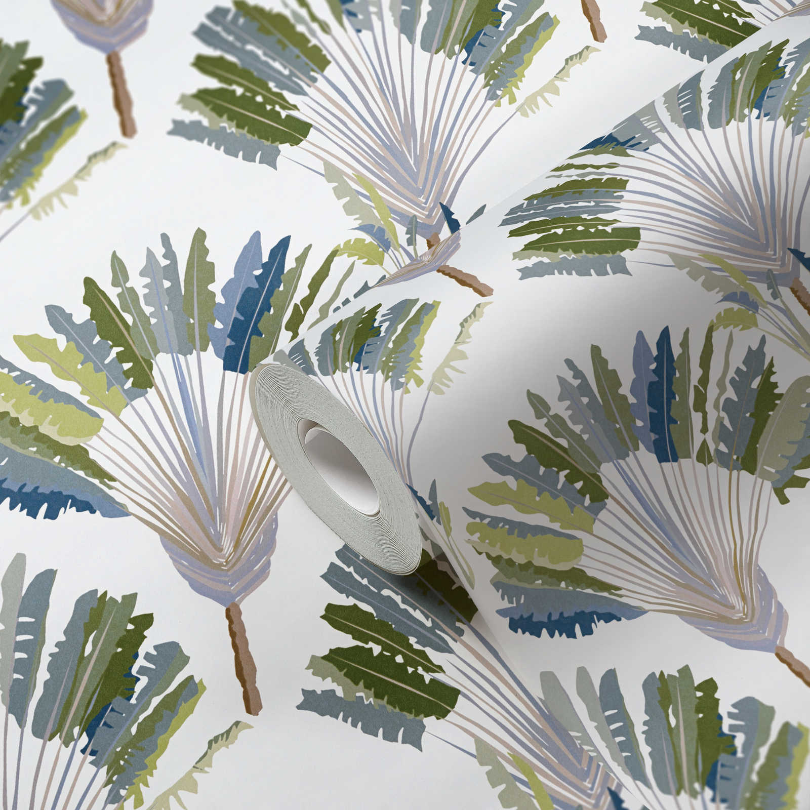             Carta da parati Foglie di palma e piante perenni con motivo astratto - Verde, bianco, blu
        