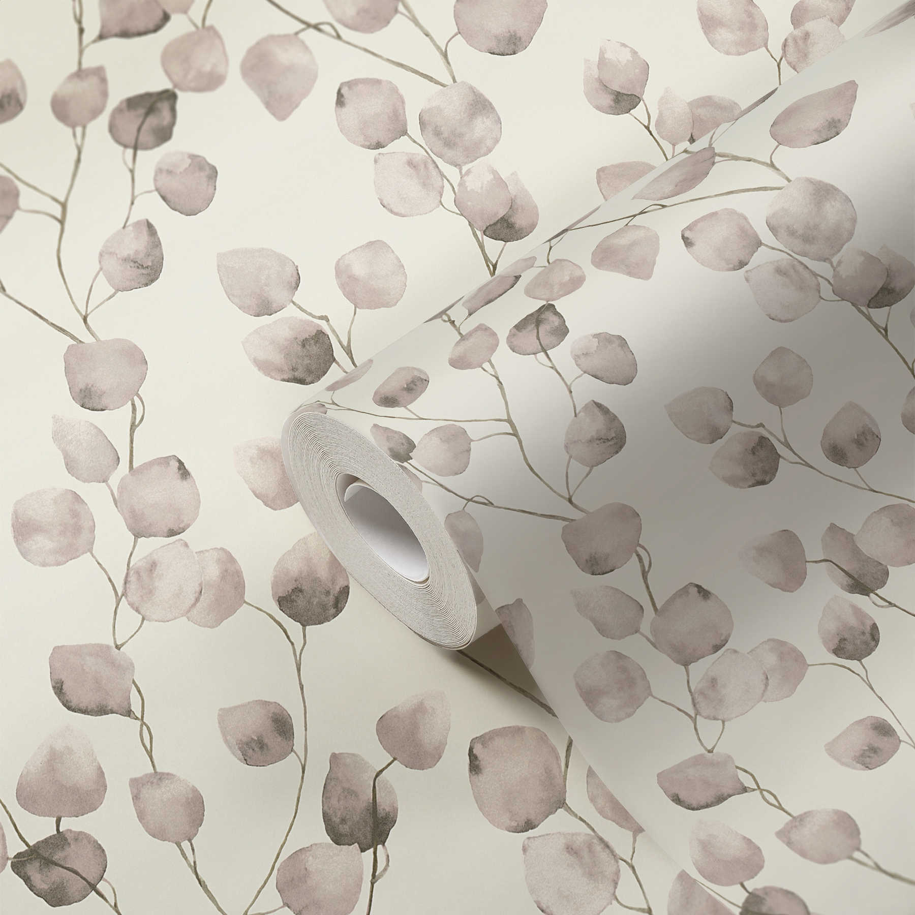             Papel pintado de zarcillos de hojas en estilo acuarela - beige, crema, blanco
        