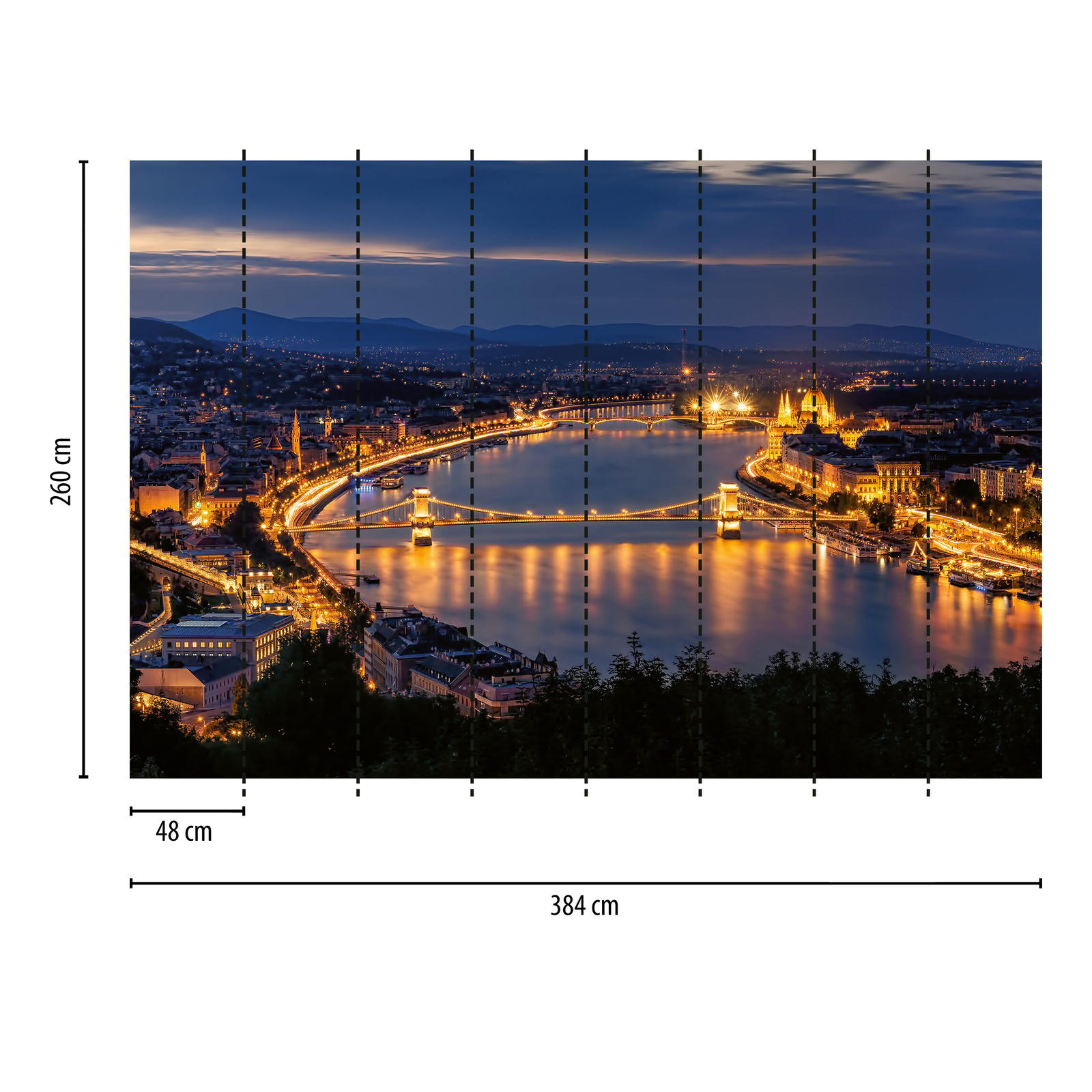             Papier peint panoramique Ville de Budapest la nuit - jaune, bleu, blanc
        