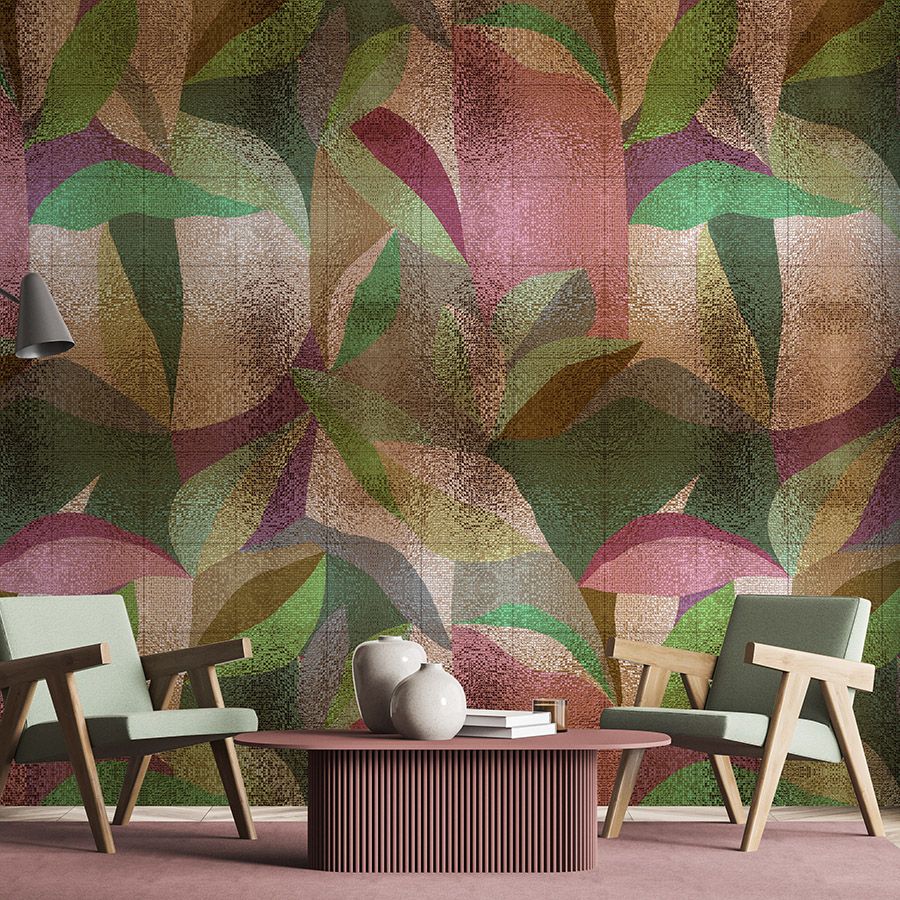 Photo wallpaper »grandezza« - Abstract colourful leaf design with mosaic structure - Smooth, slightly shiny premium non-woven fabric

