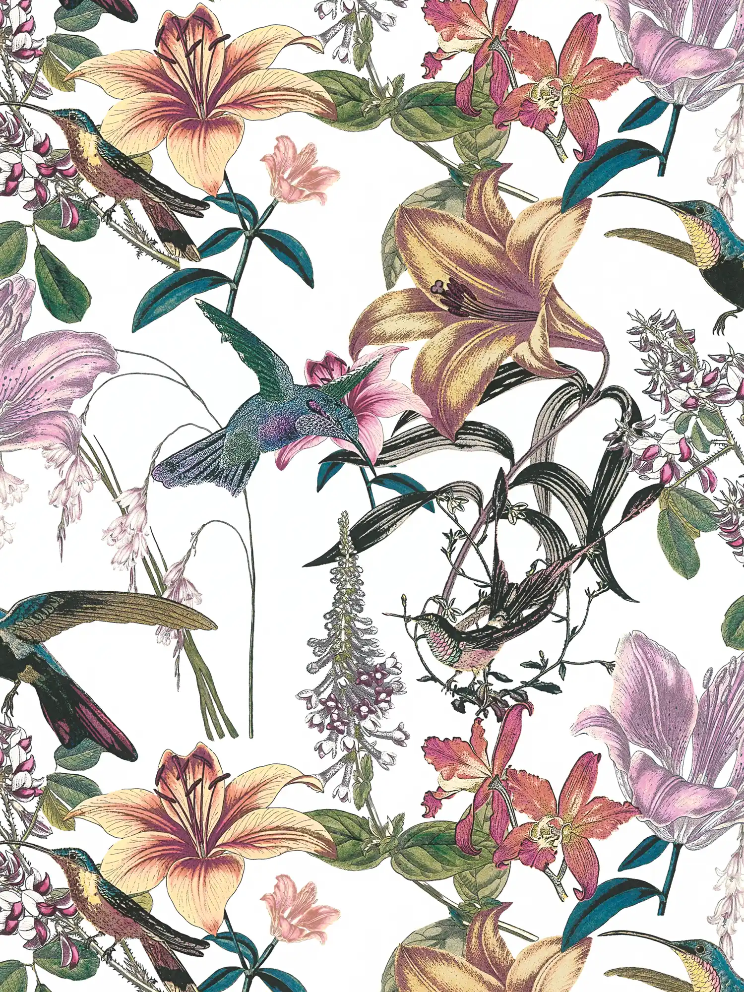         Colorful floral wallpaper with hummingbird design - colourful, green, yellow
    