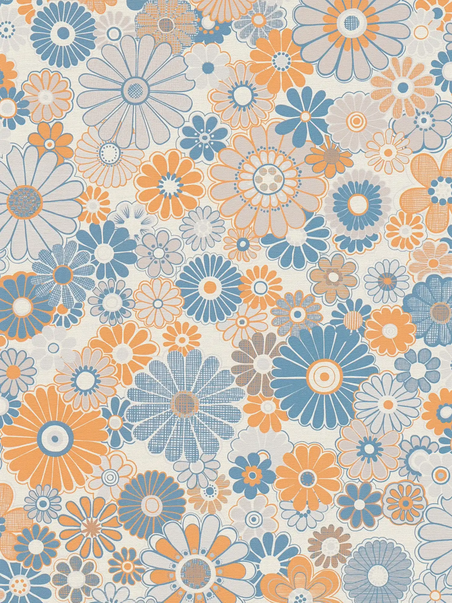 Papel pintado no tejido con motivos florales en estilo retro - azul, naranja, gris
