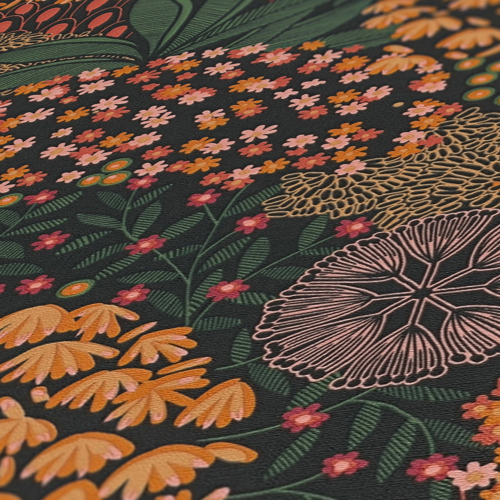             Papier peint au design floral vintage - noir, vert, orange
        