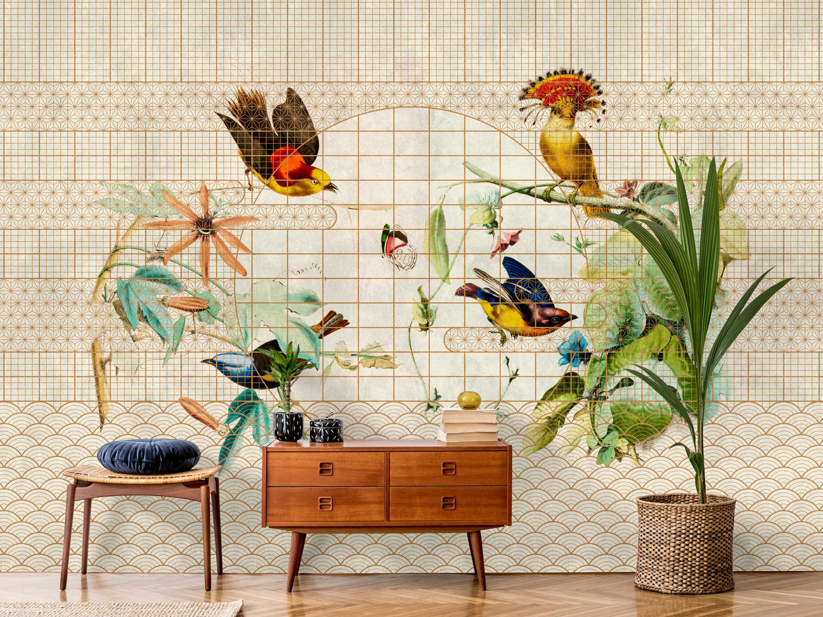             Aviary 1 - Photo wallpaper birds & butterflies in golden aviary
        