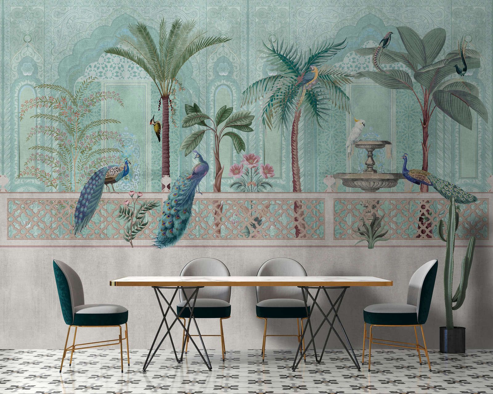             Photo wallpaper »pavo« - Birds, palm trees & fountains - Green, blue with tapestry texture | Smooth, slightly shiny premium non-woven fabric
        