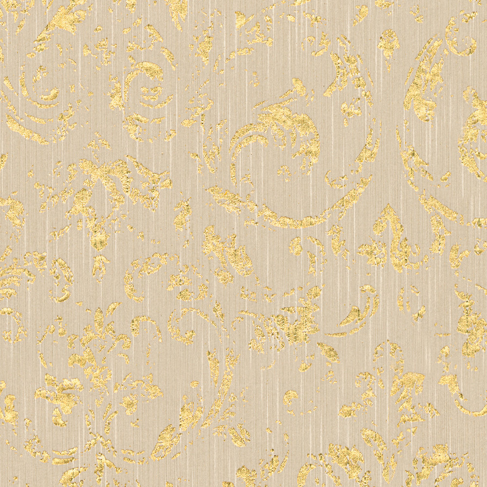             Papier peint ornemental aspect usé avec effet métallique - beige, or
        