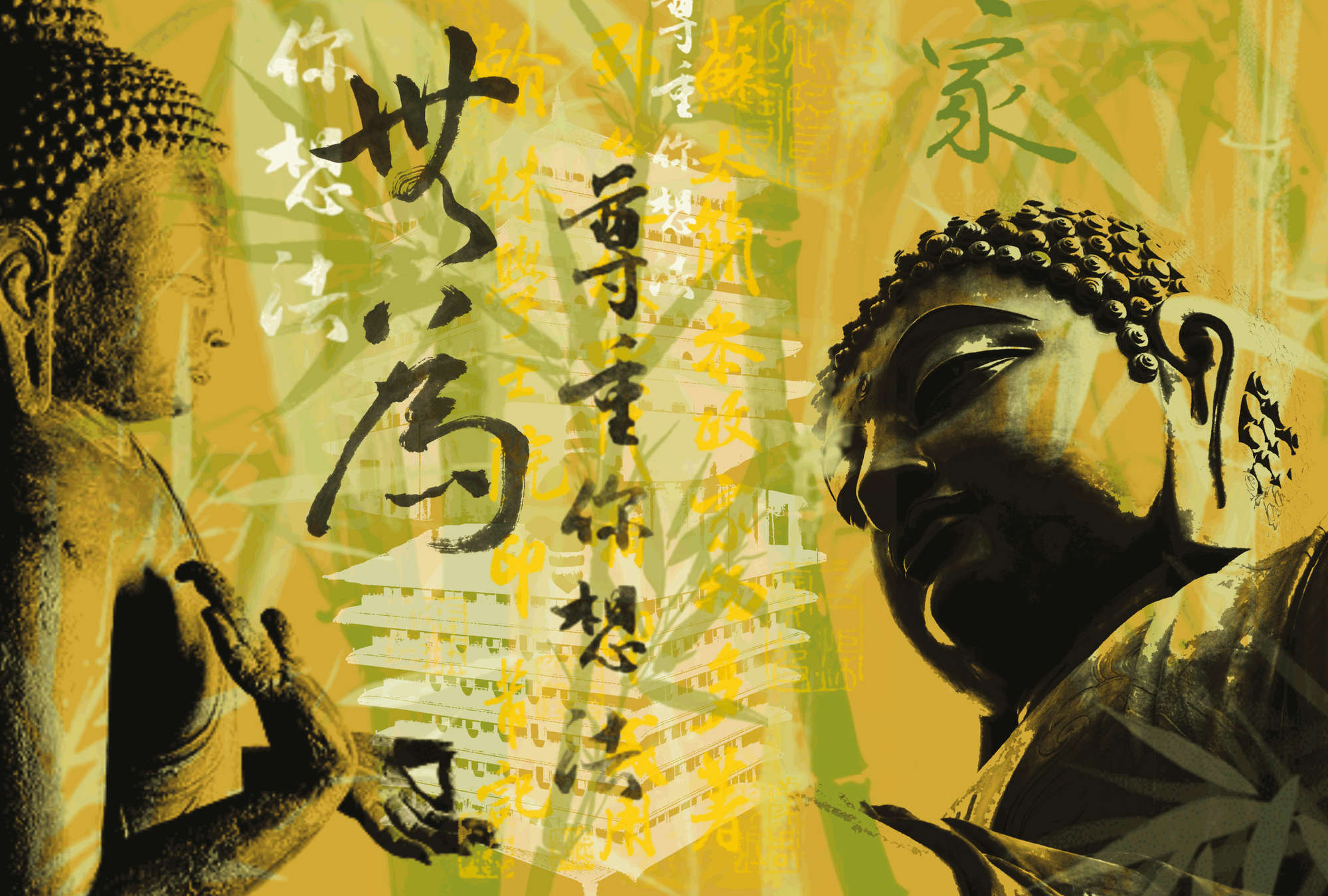             Mural de Buda estilo fusión asiática
        