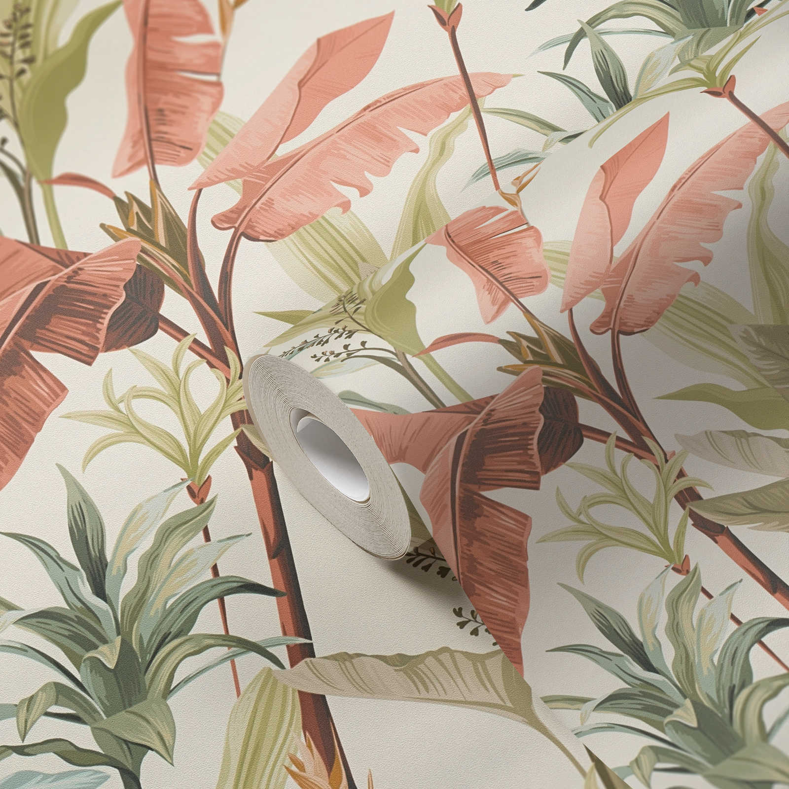             Papier peint intissé floral avec motif à feuilles détaillé - vert, rose, crème
        