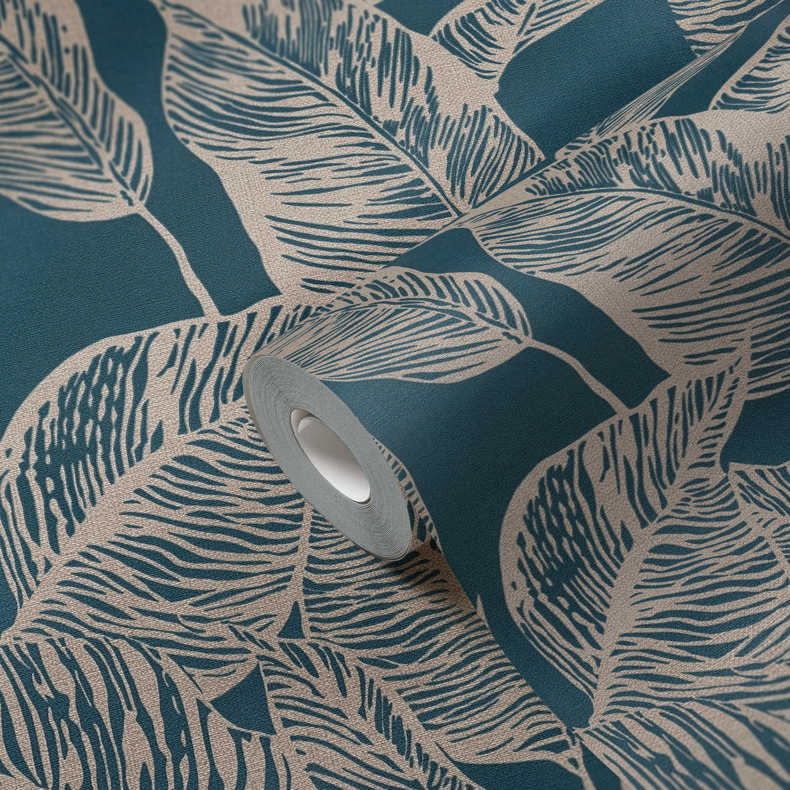             Papel pintado no tejido con motivo de hojas Sin PVC - azul, marrón
        