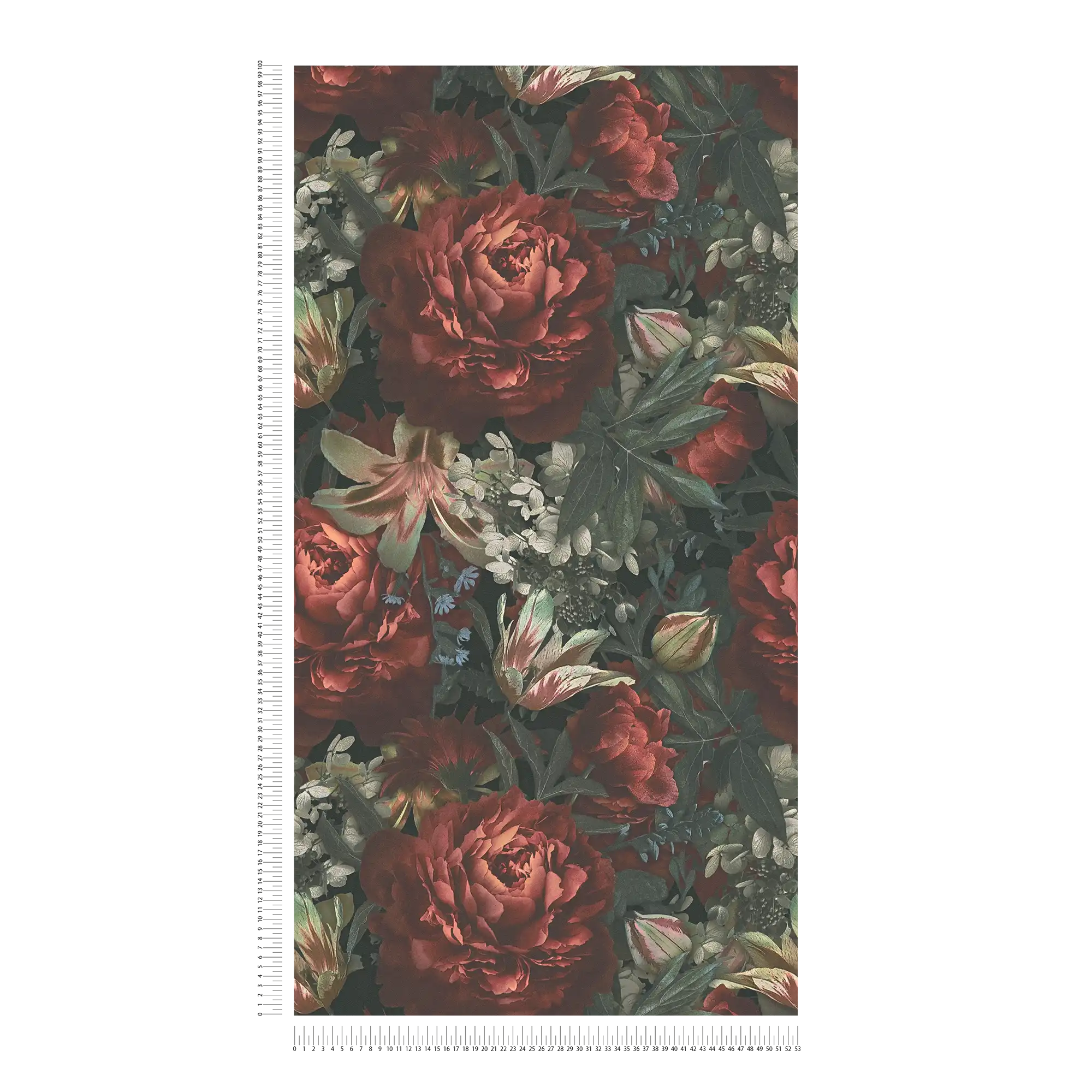             Carta da parati floreale rose e tulipani in stile vintage - verde, rosso, crema
        